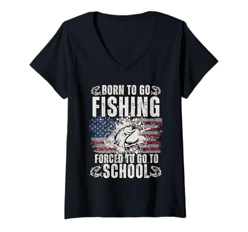 Damen Lustiges Born to Go Fishing Forced School für Damen, Herren, Jungen, Kinder T-Shirt mit V-Ausschnitt Damen Lustiges Born to Go Fishing Forced School für Damen, Herren, Jungen, Kinder T-Shirt mit V-Ausschnitt von Funny Fishing lovers boys kids men fisherman