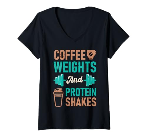 Damen Kaffee-Gewichte und Protein-Shakes Gewichtheben Workout T-Shirt mit V-Ausschnitt Damen Kaffee-Gewichte und Protein-Shakes Gewichtheben Workout T-Shirt mit V-Ausschnitt von Funny Fitness Gym Quotes Apparel Funny Workout