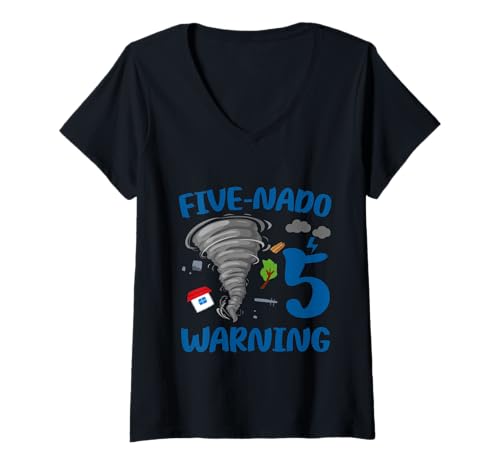 Damen Kinder Five-nado Warnung 5. Geburtstag Party Thema Tornado Boy T-Shirt mit V-Ausschnitt von Funny Fivenado Birthday Party 5th Bday