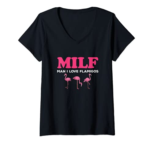 Damen Man I love Flamingoes - Milf T-Shirt mit V-Ausschnitt von Funny Flamingo Clothing