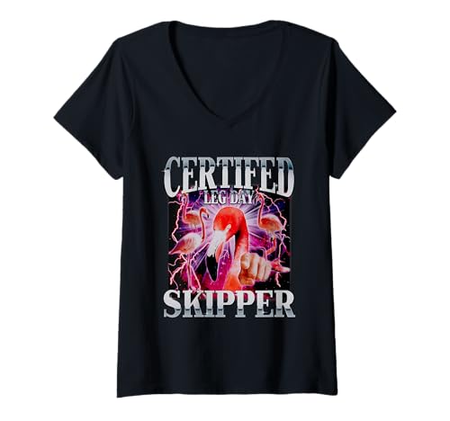 Damen Lustiges Meme-Workout im Flamingo-Fitnessstudio, zertifizierter Leg Day Skipper T-Shirt mit V-Ausschnitt Damen Lustiges Meme-Workout im Flamingo-Fitnessstudio, zertifizierter Leg Day Skipper T-Shirt mit V-Ausschnitt von Funny Flamingo Gym Meme Workout Tee