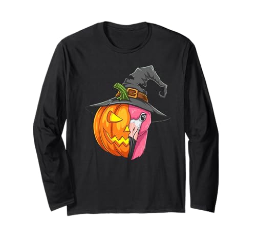 Flamingo Kürbis Jack O Laterne Halloween Kinder Herren Damen Langarmshirt von Funny Flamingo Lovers Halloween Pumpkin Outfits