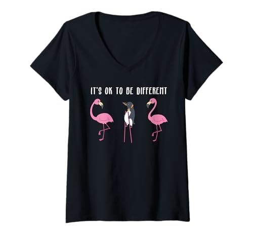 Damen It's Ok To Be Different Flamingo Pinguin T-Shirt mit V-Ausschnitt von Funny Flamingo Pinguin Clothing