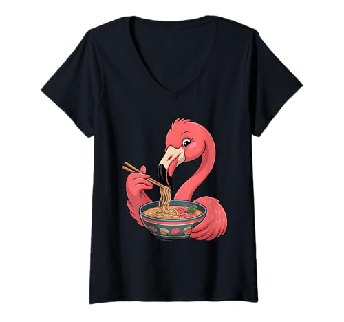 Damen Niedlicher Flamingo isst Ramen Japanische Kawaii Vogelnudeln T-Shirt mit V-Ausschnitt Damen Niedlicher Flamingo isst Ramen Japanische Kawaii Vogelnudeln T-Shirt mit V-Ausschnitt von Funny Flamingo Ramen Lover Apparel