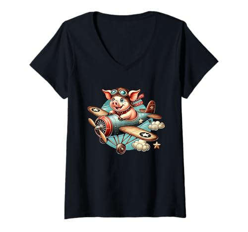 Damen Fliegendes Schwein mit Flügeln Fliegenschweineliebhaber T-Shirt mit V-Ausschnitt Damen Fliegendes Schwein mit Flügeln Fliegenschweineliebhaber T-Shirt mit V-Ausschnitt von Funny Flaying Pig Pigs Lovers Wings Fly lovers Tee