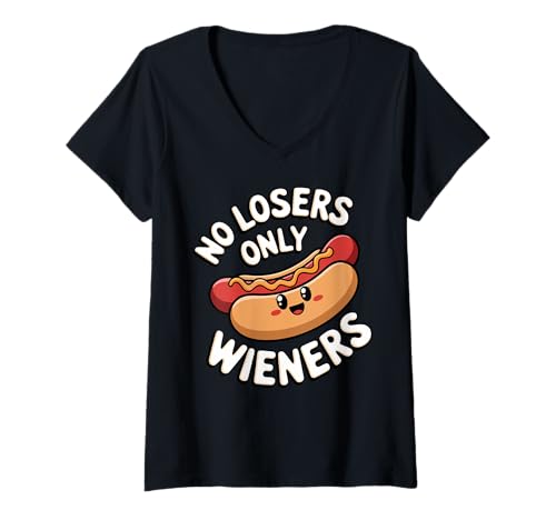 Damen Lustiger Hot Dog Pun Humor mit Aufschrift No Losers Only Wieners T-Shirt mit V-Ausschnitt Damen Lustiger Hot Dog Pun Humor mit Aufschrift No Losers Only Wieners T-Shirt mit V-Ausschnitt von Funny Food Cartoon Hot Dog Pun Gift