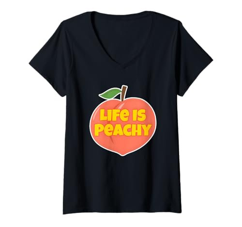 Damen Life is Peachy Lustiger Fruchtpfirsich im Retro-Stil T-Shirt mit V-Ausschnitt Damen Life is Peachy Lustiger Fruchtpfirsich im Retro-Stil T-Shirt mit V-Ausschnitt von Funny Food Pun Inc.