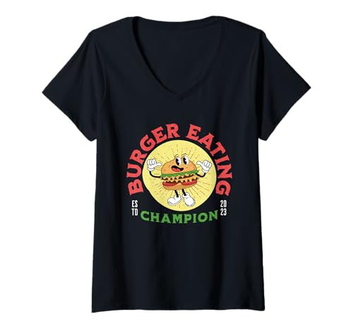 Damen Burger Eating Champion Lustiger Hamburger Training Retro T-Shirt mit V-Ausschnitt Damen Burger Eating Champion Lustiger Hamburger Training Retro T-Shirt mit V-Ausschnitt von Funny Foodie Designs Inc.