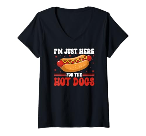 Damen Ich Bin nur wegen dem Hot Dogs Hot Dog Wiener Lover Hier T-Shirt mit V-Ausschnitt Damen Ich Bin nur wegen dem Hot Dogs Hot Dog Wiener Lover Hier T-Shirt mit V-Ausschnitt von Funny Foodie Hot Dog Gifts