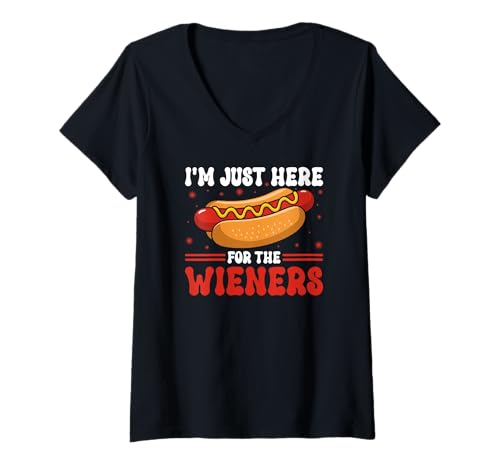 Damen Ich Bin nur wegen dem Wieners Hot Dog Wiener Lover Hier T-Shirt mit V-Ausschnitt Damen Ich Bin nur wegen dem Wieners Hot Dog Wiener Lover Hier T-Shirt mit V-Ausschnitt von Funny Foodie Hot Dog Gifts