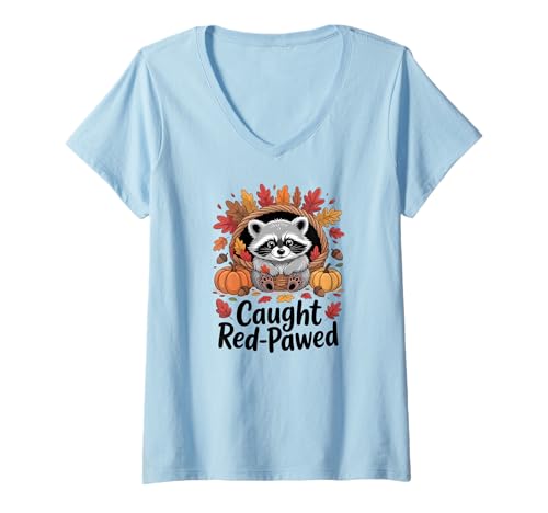 Damen Herbstwald Waschbär mit Blättern und Kürbissen Herbst T-Shirt mit V-Ausschnitt Damen Herbstwald Waschbär mit Blättern und Kürbissen Herbst T-Shirt mit V-Ausschnitt von Funny Forest Critter Apparel Gifts By Anastasia