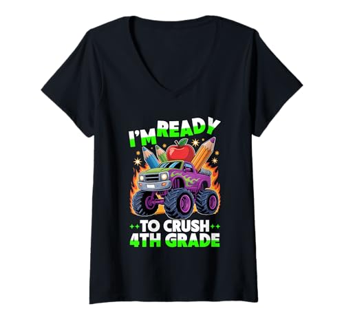 Damen Bereit, den Monster Truck vom Schulanfang der 4. Klasse zu vernichten T-Shirt mit V-Ausschnitt von Funny Fourth Grade Monster Truck Crew 2025