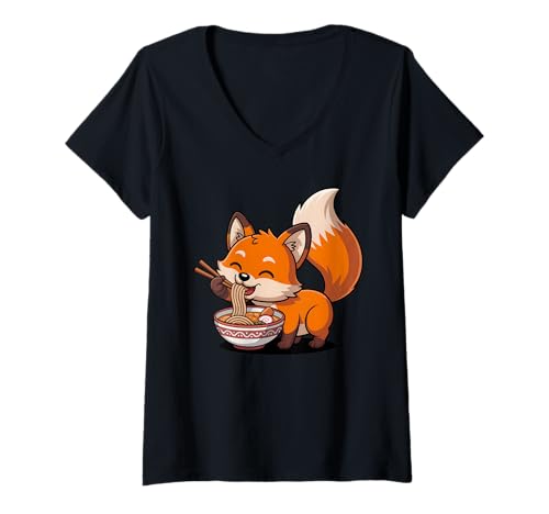 Damen Niedlicher Fuchs isst Ramen Japanische Kawaii Tiernudeln T-Shirt mit V-Ausschnitt Damen Niedlicher Fuchs isst Ramen Japanische Kawaii Tiernudeln T-Shirt mit V-Ausschnitt von Funny Fox Ramen Lover Apparel