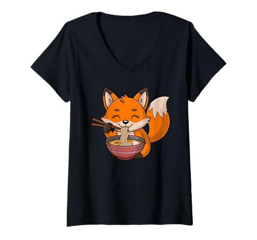 Damen Niedlicher Fuchs isst Ramen Japanische Kawaii Tiernudeln T-Shirt mit V-Ausschnitt Damen Niedlicher Fuchs isst Ramen Japanische Kawaii Tiernudeln T-Shirt mit V-Ausschnitt von Funny Fox Ramen Lover Apparel