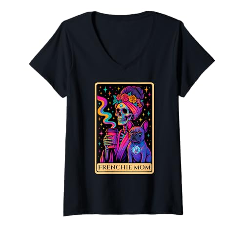 Damen Französische Bulldog Mama Lustige Tarot -Karte Messy Bun T-Shirt mit V-Ausschnitt von Funny French Bulldog Tarot Card For Dog Moms