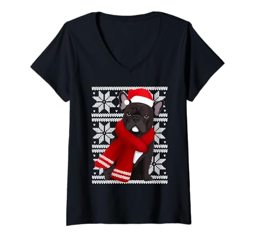 Damen Französische Bulldogge Hässliche Weihnachtsfeiertage Hundeliebhaber T-Shirt mit V-Ausschnitt von Funny Frenchie Festive Dog Designs