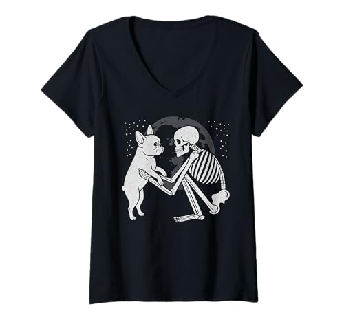 Damen Französische Bulldogge Skelett Mond Halloween Hundeliebhaber T-Shirt mit V-Ausschnitt Damen Französische Bulldogge Skelett Mond Halloween Hundeliebhaber T-Shirt mit V-Ausschnitt von Funny Frenchie Gothic Dog Designs