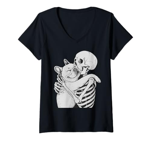 Damen Französische Bulldogge Skelett Umarmung Halloween Hundeliebhaber T-Shirt mit V-Ausschnitt Damen Französische Bulldogge Skelett Umarmung Halloween Hundeliebhaber T-Shirt mit V-Ausschnitt von Funny Frenchie Gothic Dog Designs