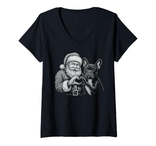 Damen Französische Bulldogge, Weihnachtsmann, Herzform, für Hundeliebhaber T-Shirt mit V-Ausschnitt Damen Französische Bulldogge, Weihnachtsmann, Herzform, für Hundeliebhaber T-Shirt mit V-Ausschnitt von Funny Frenchie Holiday Dog Designs