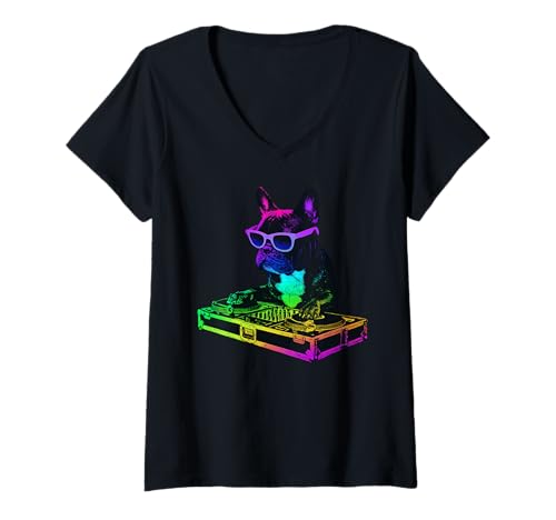 Damen Französische Bulldogge DJ Musik Party Hundeliebhaber T-Shirt mit V-Ausschnitt Damen Französische Bulldogge DJ Musik Party Hundeliebhaber T-Shirt mit V-Ausschnitt von Funny Frenchie House Music Dog Designs