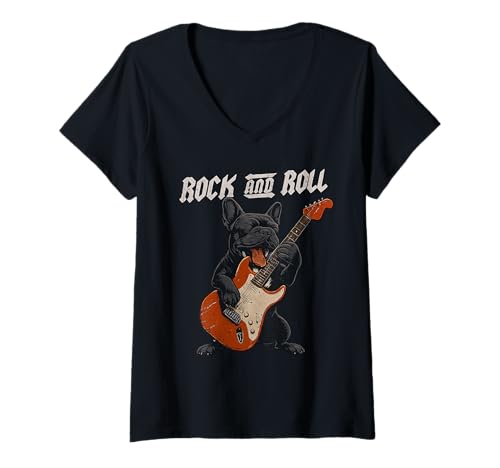 Damen Französische Bulldogge spielt Gitarre Rock and Roll Hundeliebhaber T-Shirt mit V-Ausschnitt Damen Französische Bulldogge spielt Gitarre Rock and Roll Hundeliebhaber T-Shirt mit V-Ausschnitt von Funny Frenchie Rock Music Dog Designs