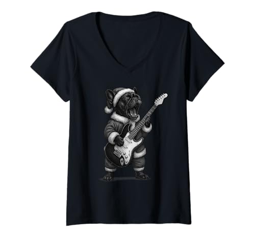 Damen Französische Bulldogge spielt Gitarre Weihnachten Hundeliebhaber T-Shirt mit V-Ausschnitt Damen Französische Bulldogge spielt Gitarre Weihnachten Hundeliebhaber T-Shirt mit V-Ausschnitt von Funny Frenchie Rock Music Dog Designs