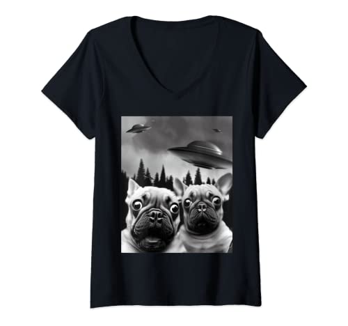 Damen Lustiges Frenchie UFO Selfie T-Shirt mit V-Ausschnitt von Funny Frenchie gift