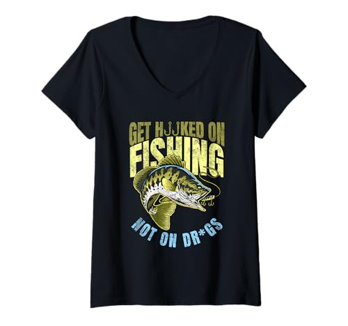 Damen Hooked on Fishing Not on Drugs Positive Fishing T-Shirt mit V-Ausschnitt Damen Hooked on Fishing Not on Drugs Positive Fishing T-Shirt mit V-Ausschnitt von Funny Freshwater Saltwater Fishing Rod Lover