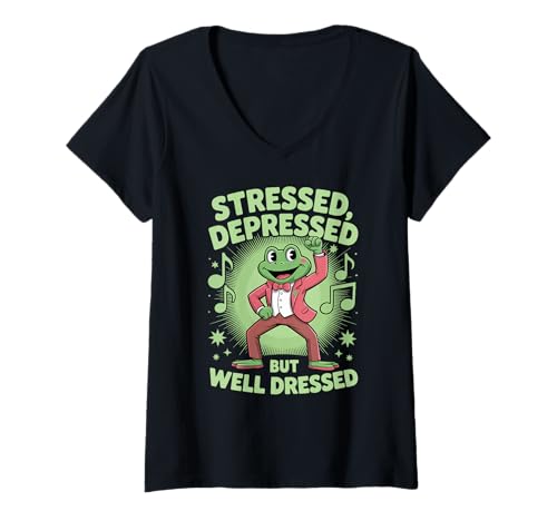 Damen Stressed Depressed But Well Dressed Funny Frog Adult Humor T-Shirt mit V-Ausschnitt Damen Stressed Depressed But Well Dressed Funny Frog Adult Humor T-Shirt mit V-Ausschnitt von Funny Frog Adult Humor Sarcastic Depressed