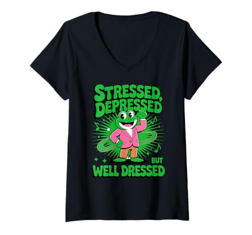 Damen Stressed Depressed But Well Dressed Funny Frog Adult Humor T-Shirt mit V-Ausschnitt Damen Stressed Depressed But Well Dressed Funny Frog Adult Humor T-Shirt mit V-Ausschnitt von Funny Frog Adult Humor Sarcastic Depressed