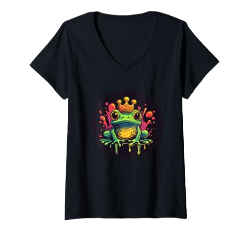 Damen Charmanter Frosch mit Krone für einen königlichen Look T-Shirt mit V-Ausschnitt Damen Charmanter Frosch mit Krone für einen königlichen Look T-Shirt mit V-Ausschnitt von Funny Frog Outfit
