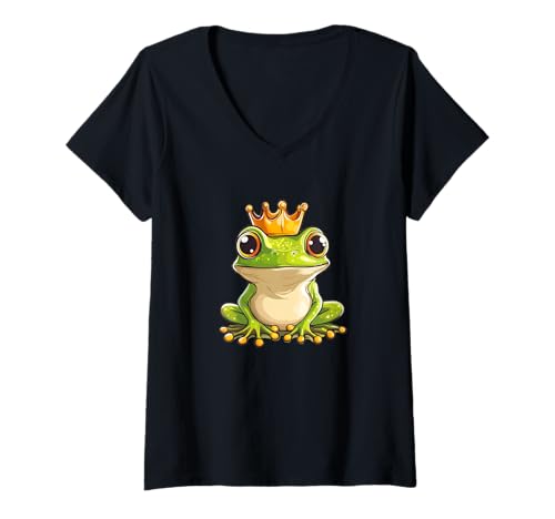Damen Froschkönig mit Krone für ein witziges und märchenhaftes Statement T-Shirt mit V-Ausschnitt von Funny Frog Outfit
