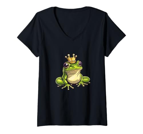Damen Grafik mit gekröntem Frosch für einen majestätischen Twist T-Shirt mit V-Ausschnitt von Funny Frog Outfit