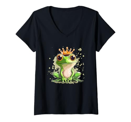 Damen Schöner Froschkönig mit Krone für einen charmanten königlichen Touch T-Shirt mit V-Ausschnitt von Funny Frog Outfit