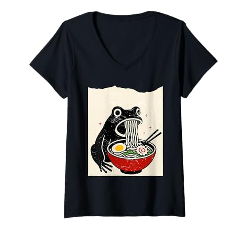 Damen Funny Frog Ramen Sumi-e Kawaii Ink Painting Japanese T-Shirt mit V-Ausschnitt Damen Funny Frog Ramen Sumi-e Kawaii Ink Painting Japanese T-Shirt mit V-Ausschnitt von Funny Frog Ramen Painting Japanese Apparel