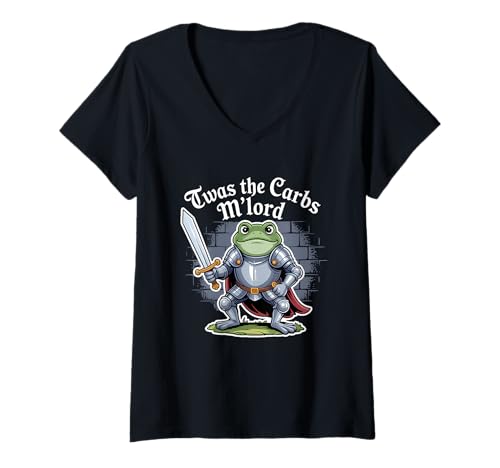 Damen TWAS The Carbs M'lord Mittelalterlicher Ritterfrosch T-Shirt mit V-Ausschnitt Damen TWAS The Carbs M'lord Mittelalterlicher Ritterfrosch T-Shirt mit V-Ausschnitt von Funny Frog Twas The Carbs M'lord