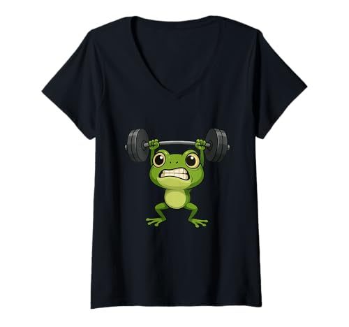 Damen Starke Cartoon-Frosch-Hebe-Langhantel Gewichtheben T-Shirt mit V-Ausschnitt Damen Starke Cartoon-Frosch-Hebe-Langhantel Gewichtheben T-Shirt mit V-Ausschnitt von Funny Frog Weightlifting Gym Humor Fitness