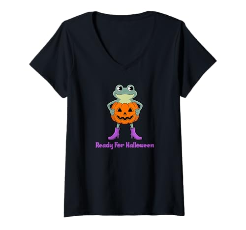 Damen Bereit für Halloween T-Shirt mit V-Ausschnitt Damen Bereit für Halloween T-Shirt mit V-Ausschnitt von Funny Frog