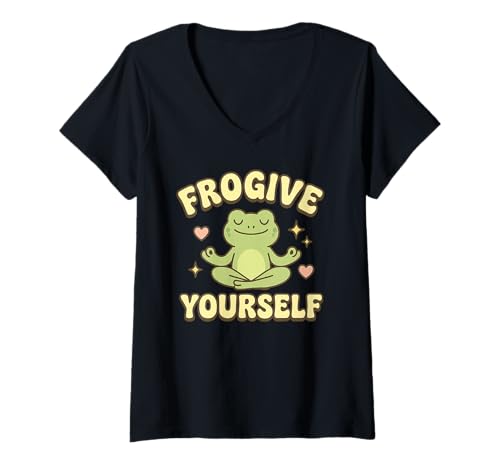 Damen Vergib dir selbst Frosch meditierend T-Shirt mit V-Ausschnitt Damen Vergib dir selbst Frosch meditierend T-Shirt mit V-Ausschnitt von Funny Frogs Design Co.