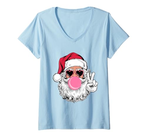 Damen Funky Retro Santa Christmas Bubble Gum Peace Hand Schild Lustig T-Shirt mit V-Ausschnitt Damen Funky Retro Santa Christmas Bubble Gum Peace Hand Schild Lustig T-Shirt mit V-Ausschnitt von Funny Funky Retro Santa Christmas Celebration