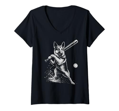 Damen Deutscher Schäferhund Baseball Sport Hundeliebhaber T-Shirt mit V-Ausschnitt Damen Deutscher Schäferhund Baseball Sport Hundeliebhaber T-Shirt mit V-Ausschnitt von Funny GSD Baseball Player Dog Designs