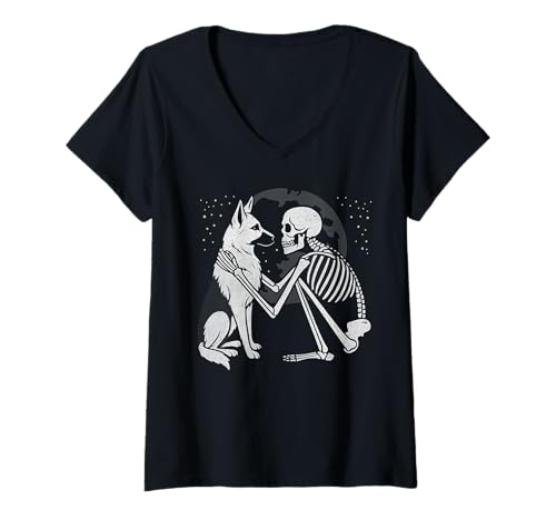 Damen Deutscher Schäferhund Skelett Mond Halloween Hundeliebhaber T-Shirt mit V-Ausschnitt Damen Deutscher Schäferhund Skelett Mond Halloween Hundeliebhaber T-Shirt mit V-Ausschnitt von Funny GSD Gothic Dog Designs