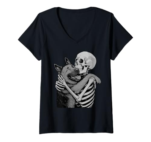 Damen Deutscher Schäferhund Skelett Umarmung Halloween Hundeliebhaber T-Shirt mit V-Ausschnitt Damen Deutscher Schäferhund Skelett Umarmung Halloween Hundeliebhaber T-Shirt mit V-Ausschnitt von Funny GSD Gothic Dog Designs