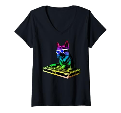 Damen Deutscher Schäferhund DJ Musik Party Hundeliebhaber T-Shirt mit V-Ausschnitt Damen Deutscher Schäferhund DJ Musik Party Hundeliebhaber T-Shirt mit V-Ausschnitt von Funny GSD House Music Dog Designs