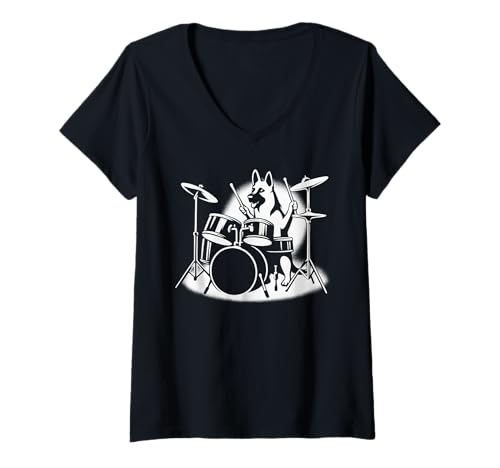 Damen Deutscher Schäferhund spielt Schlagzeug Schlagzeuger Hundeliebhaber T-Shirt mit V-Ausschnitt Damen Deutscher Schäferhund spielt Schlagzeug Schlagzeuger Hundeliebhaber T-Shirt mit V-Ausschnitt von Funny GSD Rock And Roll Dog Designs