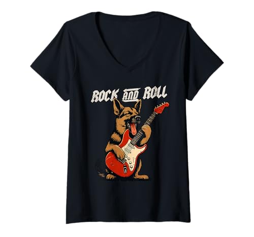 Damen Deutscher Schäferhund spielt Gitarre Rock and Roll Hundeliebhaber T-Shirt mit V-Ausschnitt Damen Deutscher Schäferhund spielt Gitarre Rock and Roll Hundeliebhaber T-Shirt mit V-Ausschnitt von Funny GSD Rock Music Dog Designs