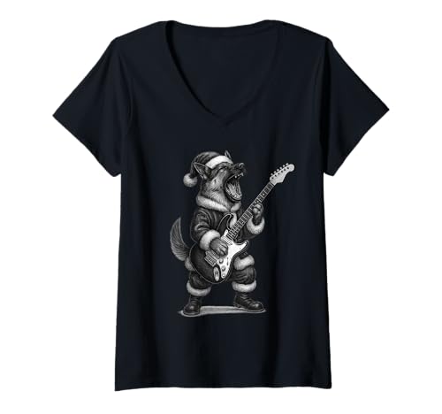 Damen Deutscher Schäferhund spielt Gitarre Weihnachten Hundeliebhaber T-Shirt mit V-Ausschnitt von Funny GSD Rock Music Dog Designs