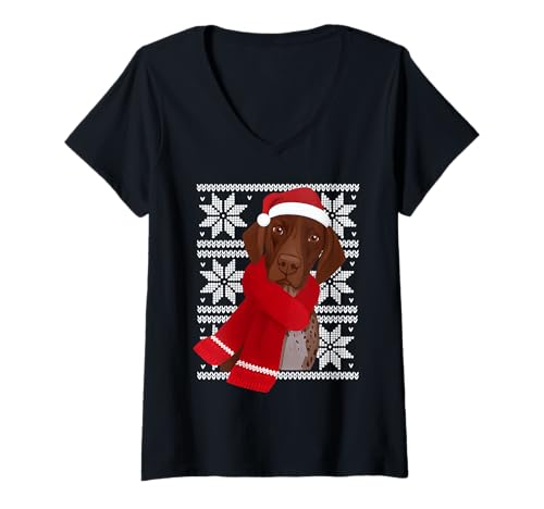 Damen Deutsch Kurzhaar Hässlicher Weihnachtsfeiertag Hundeliebhaber T-Shirt mit V-Ausschnitt Damen Deutsch Kurzhaar Hässlicher Weihnachtsfeiertag Hundeliebhaber T-Shirt mit V-Ausschnitt von Funny GSP Festive Dog Designs