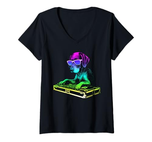Damen Deutsch Kurzhaar DJ Musik Party Hundeliebhaber T-Shirt mit V-Ausschnitt Damen Deutsch Kurzhaar DJ Musik Party Hundeliebhaber T-Shirt mit V-Ausschnitt von Funny GSP House Music Dog Designs