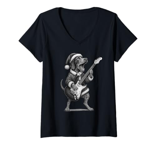 Damen Deutsch Kurzhaar-Zeiger spielt Gitarre Weihnachten Hund T-Shirt mit V-Ausschnitt Damen Deutsch Kurzhaar-Zeiger spielt Gitarre Weihnachten Hund T-Shirt mit V-Ausschnitt von Funny GSP Rock Music Dog Designs